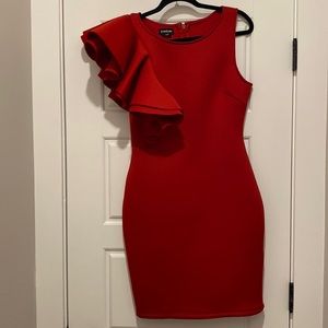 Red ruffle shoulder mini dress
